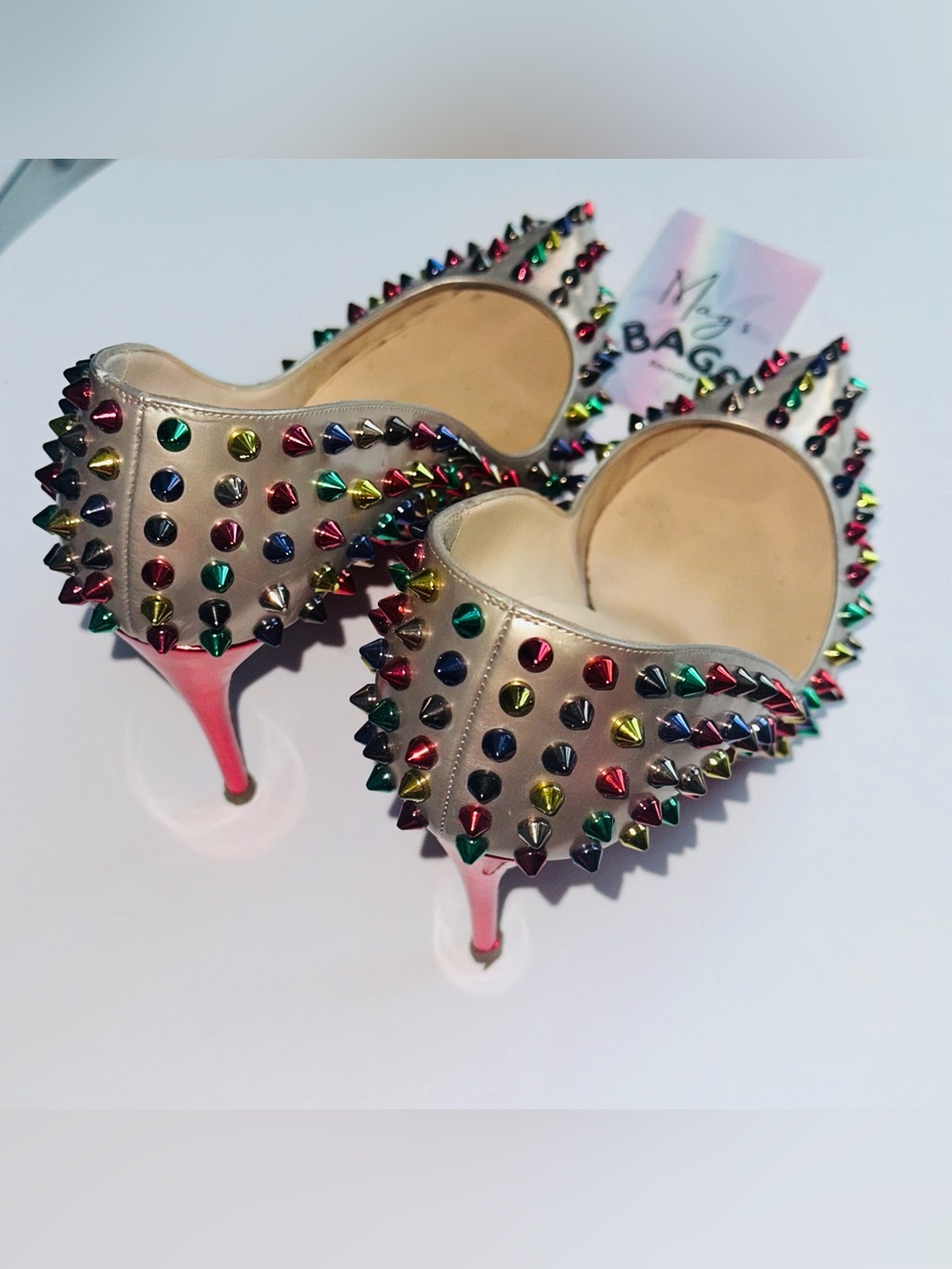 Louboutin: Multicolor Follies Spikes 100 Beige Specchio Studded Heels *RARE* - Picture 10 of 17